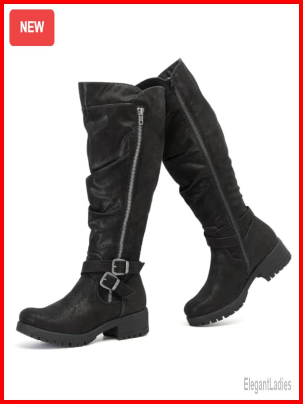 Ruiee Women's Knee High Riding Boots Faux Leather Zipper Round Toe